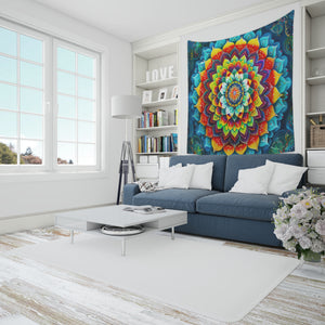 Psychedelic Tapestry of Rainbow Cactus Petals Mandala Uplifting Artware