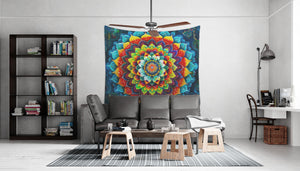 Psychedelic Tapestry of Rainbow Cactus Petals Mandala Uplifting Artware