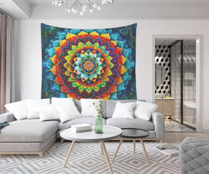 Psychedelic Tapestry of Rainbow Cactus Petals Mandala Uplifting Artware