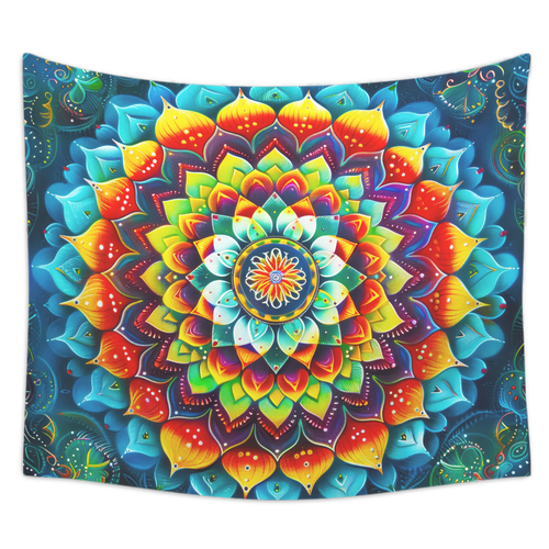 Psychedelic Tapestry of Rainbow Cactus Petals Mandala Uplifting Artware