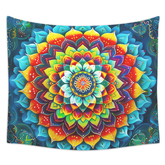 Psychedelic Tapestry of Rainbow Cactus Petals Mandala Uplifting Artware