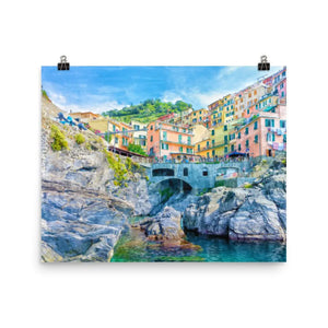 Cinque Terre Italy Seascape Watercolor on Canvas Uplifting Artware