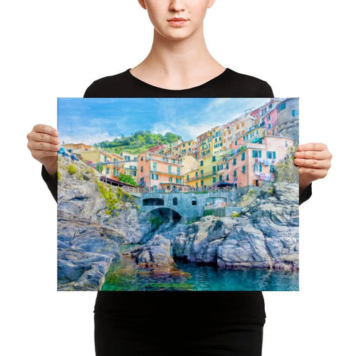 Cinque Terre Italy Seascape Watercolor on Canvas Uplifting Artware